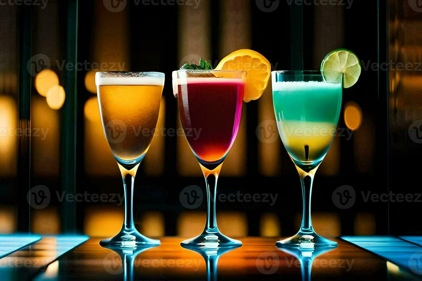 three different colored cocktails in glasses on a table. AI-Generated photo