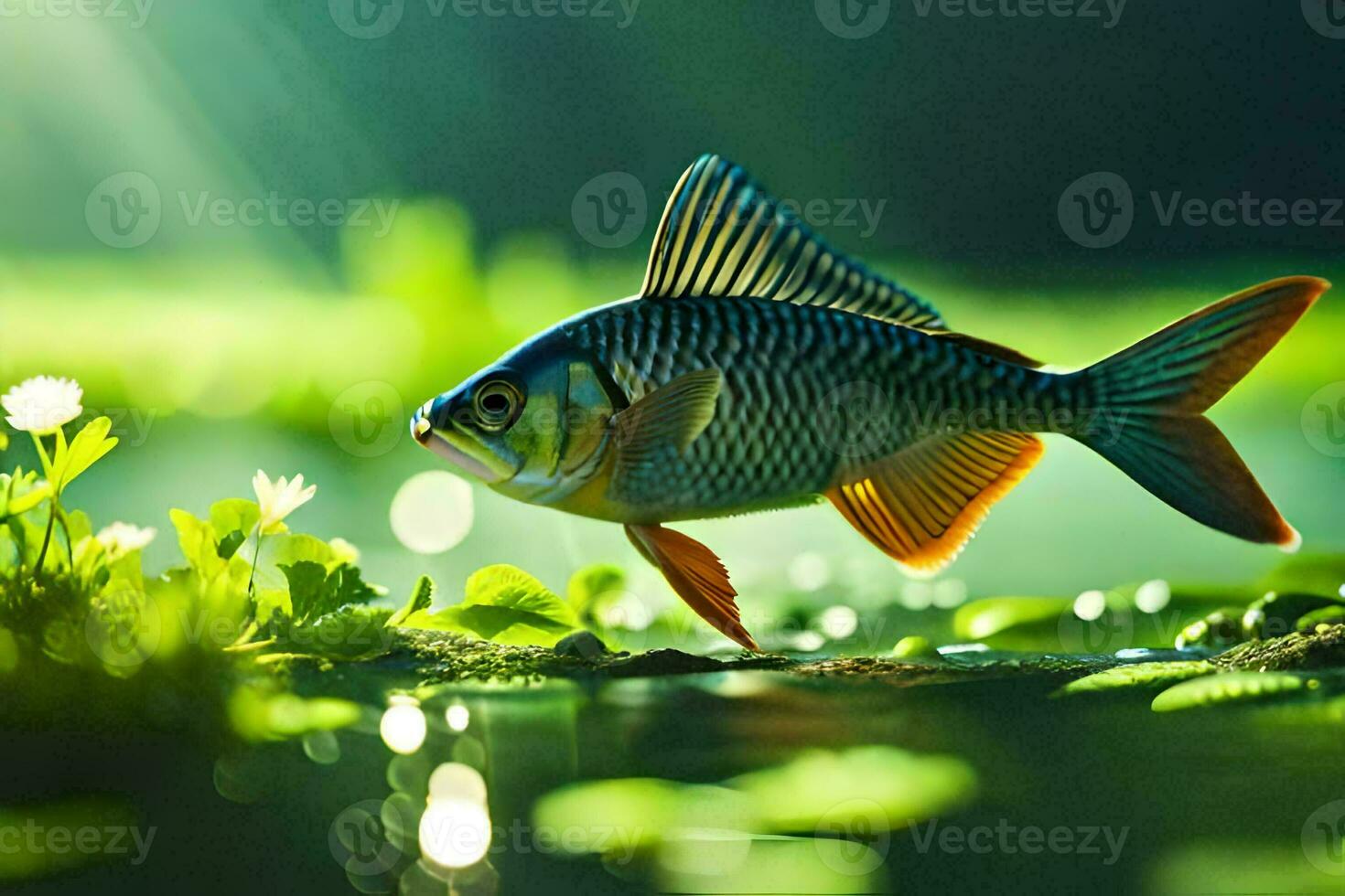 a fish is standing on the water with grass and flowers. AI-Generated photo