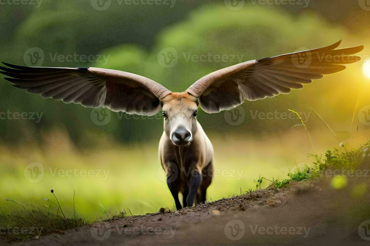 a horse with wings spread out on the ground. AI-Generated photo