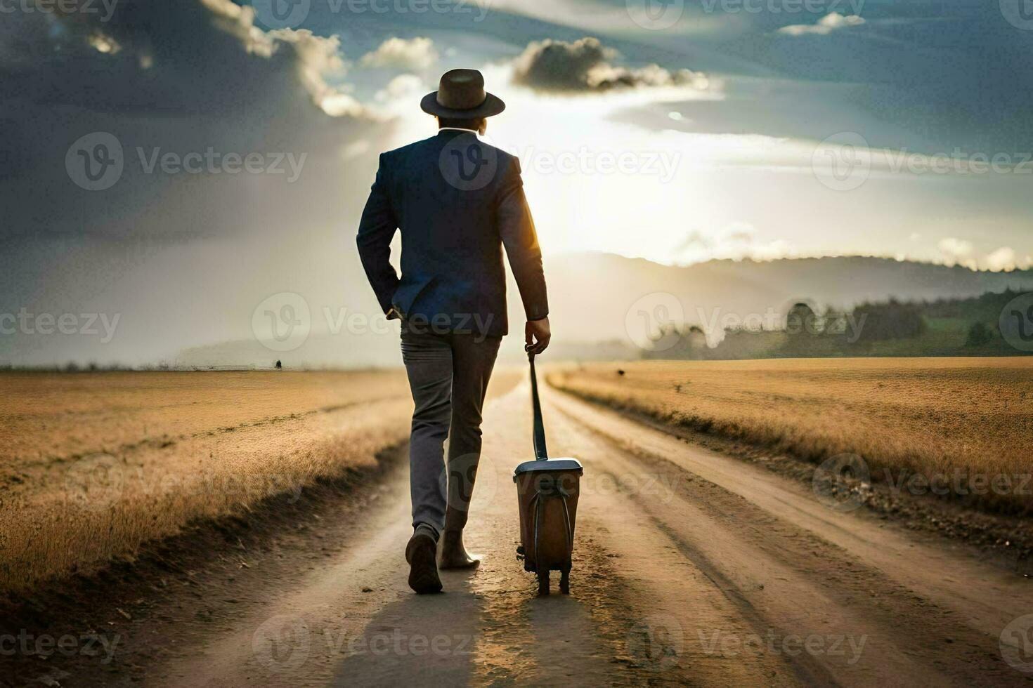 a man in a suit and hat walking down a dirt road with a suitcase. AI-Generated photo
