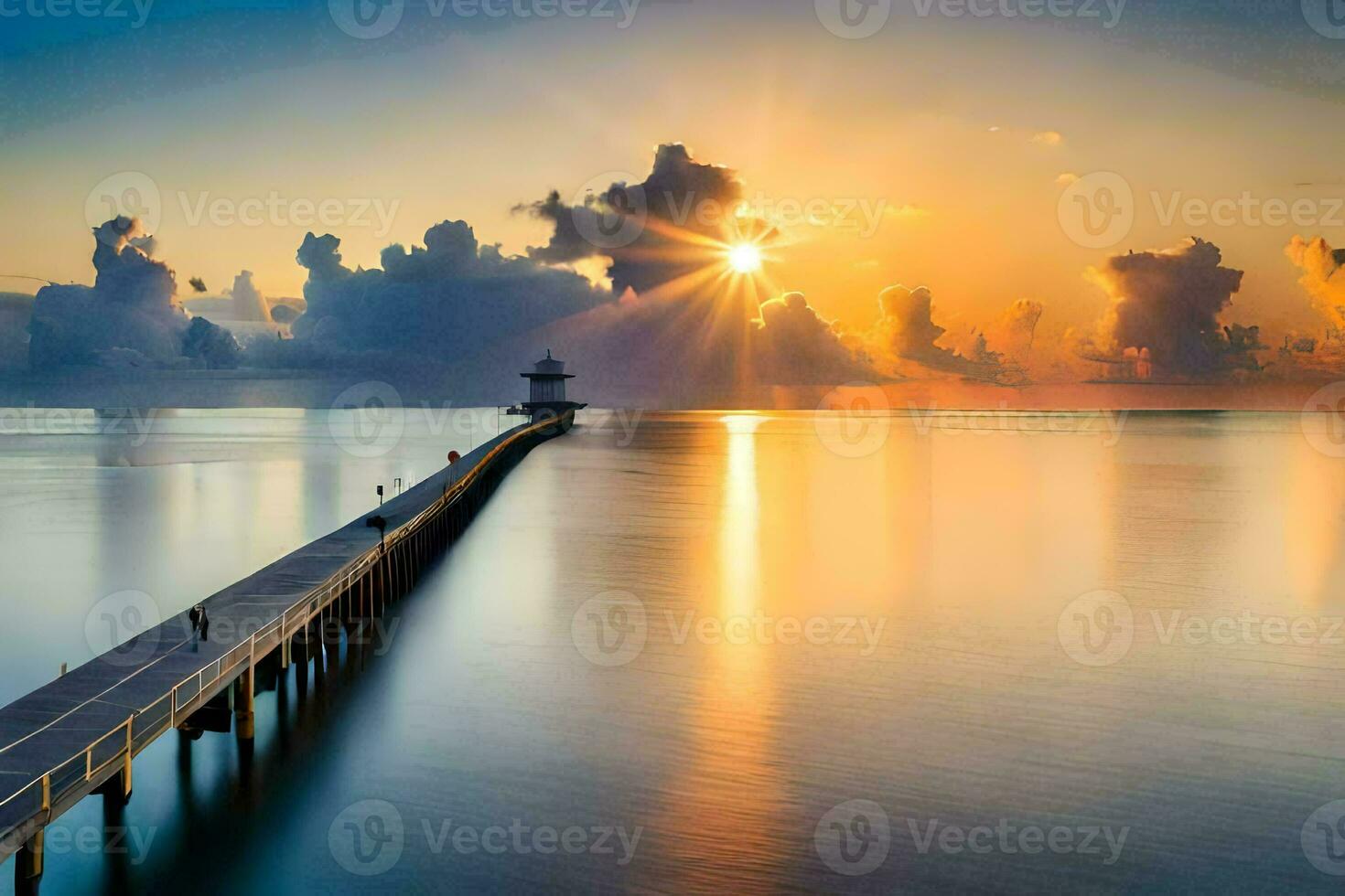 the sun rises over a pier in the ocean. AI-Generated photo