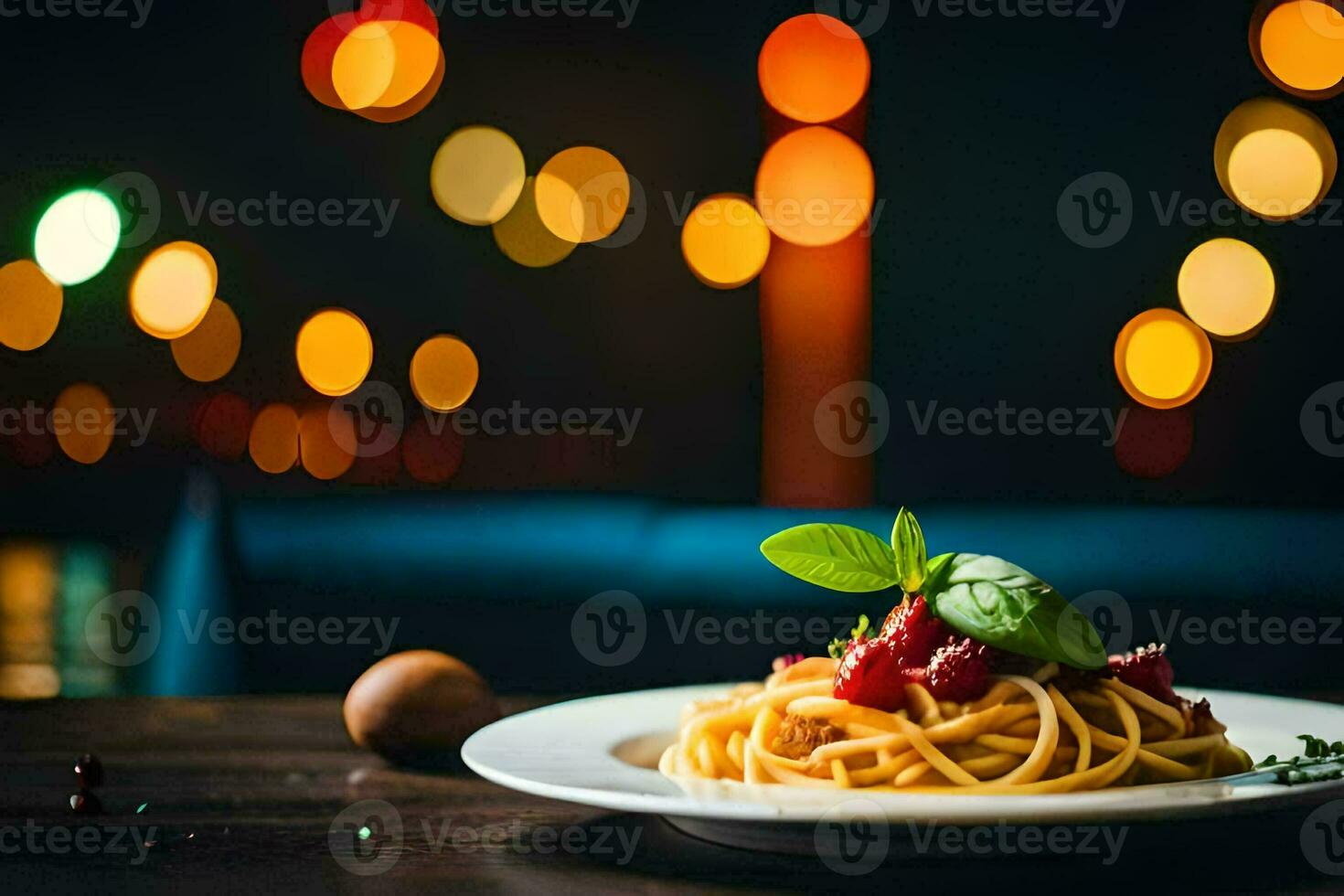 spaghetti with tomato sauce and basil on a plate. AI-Generated photo