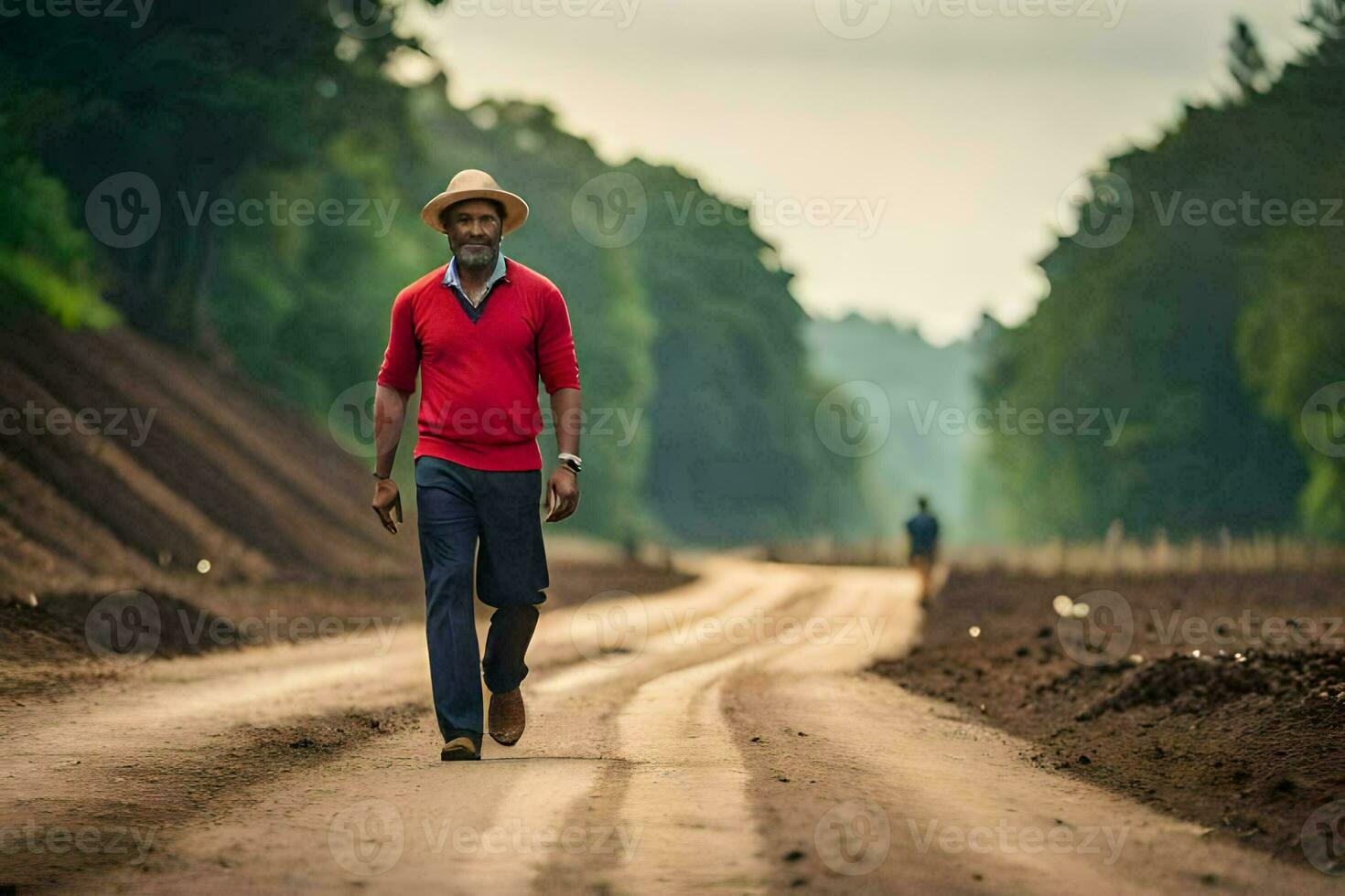 a man walking down a dirt road in the middle of the forest. AI-Generated photo