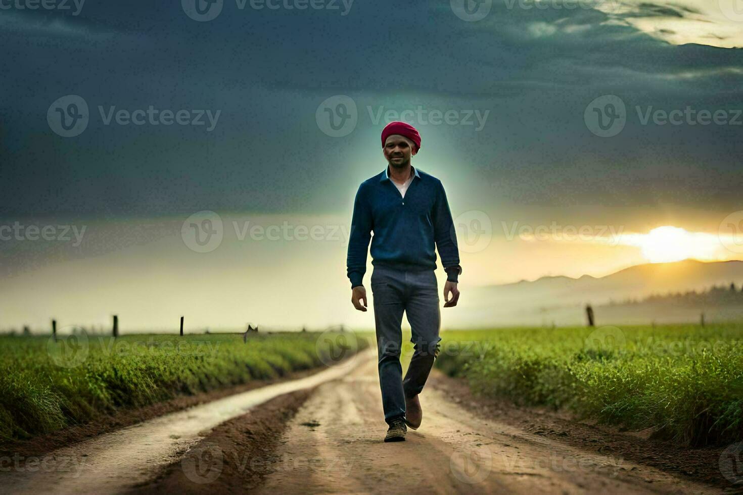 a man in a turban walks down a dirt road. AI-Generated photo