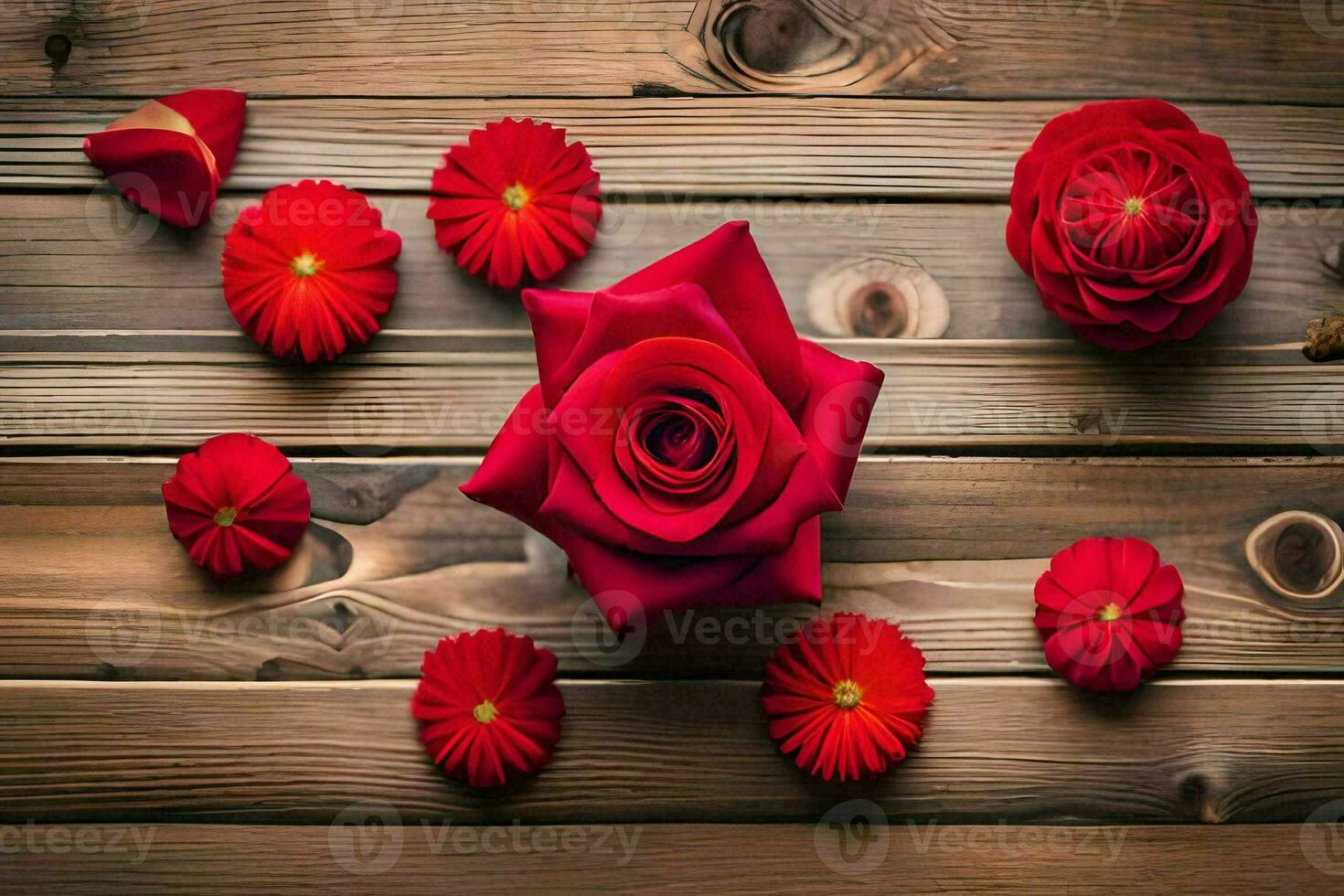 red roses on a wooden table. AI-Generated photo