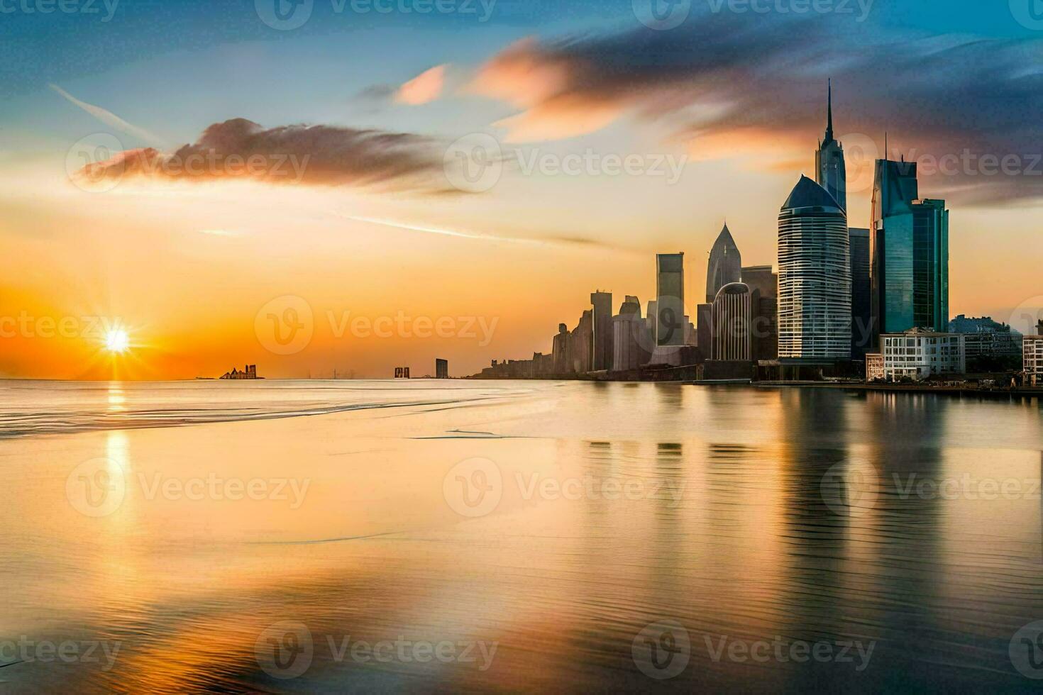 the sun sets over the city skyline in dubai. AI-Generated photo