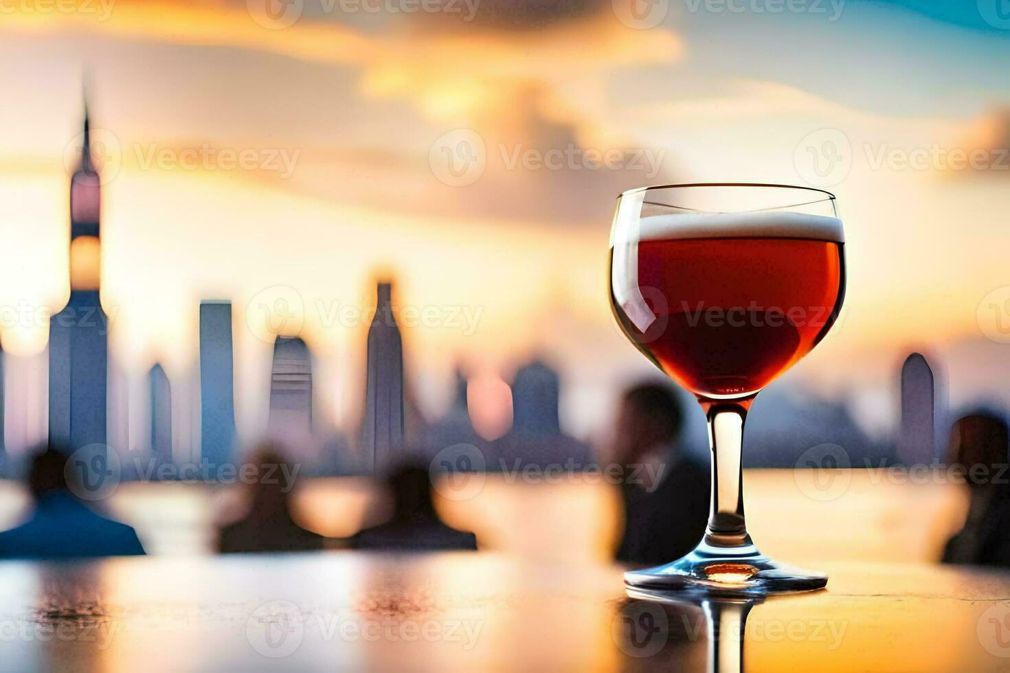 a glass of red wine on a table in front of a city skyline. AI-Generated photo