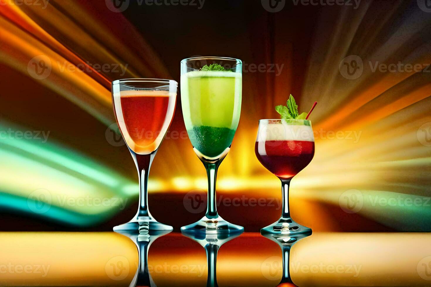 three glasses of different colored drinks on a table. AI-Generated photo