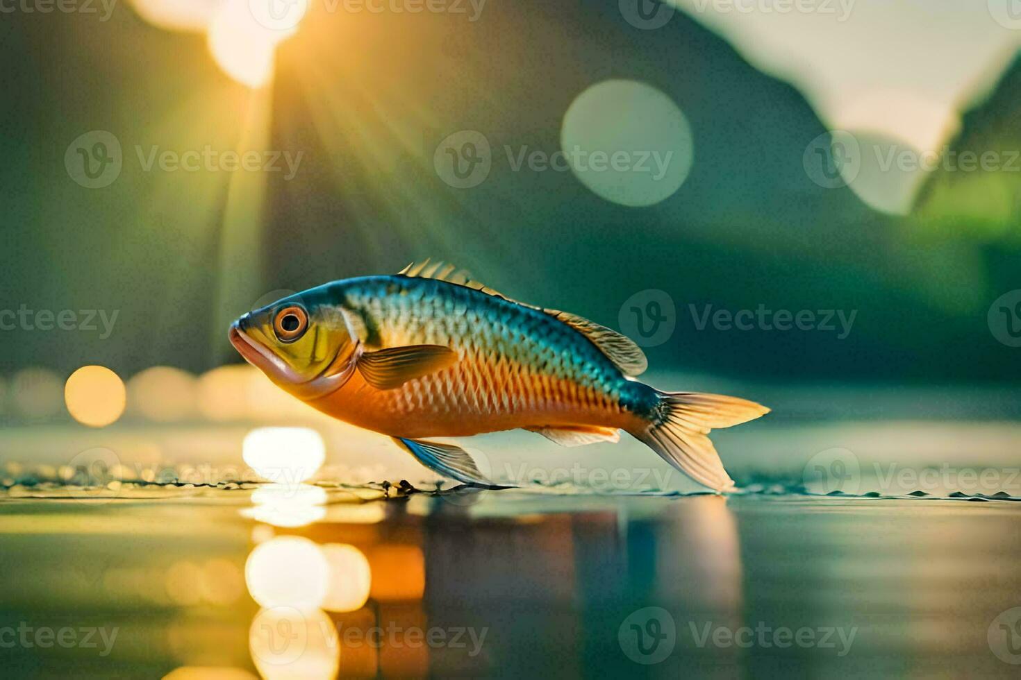 a fish is standing on the water with the sun shining. AI-Generated photo