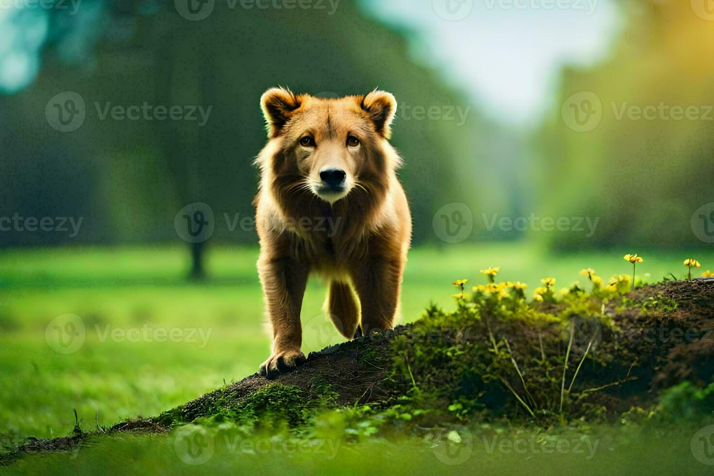 a lion standing on a rock in the middle of a field. AI-Generated photo