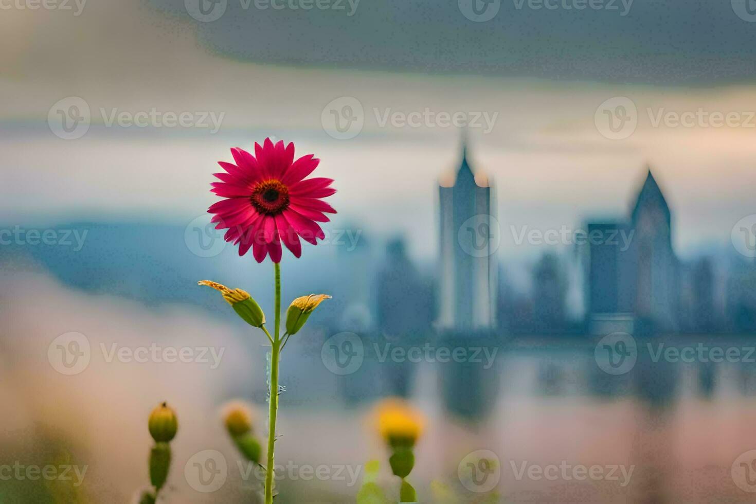 a pink flower stands in front of a city skyline. AI-Generated photo