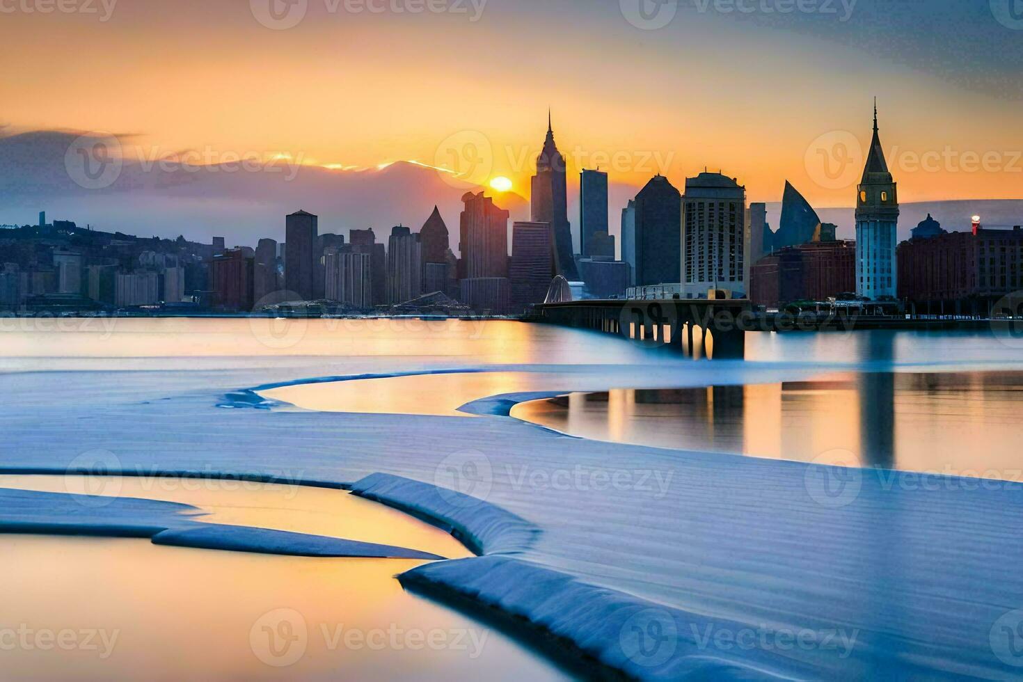 the sun sets over the city skyline in this photo. AI-Generated photo