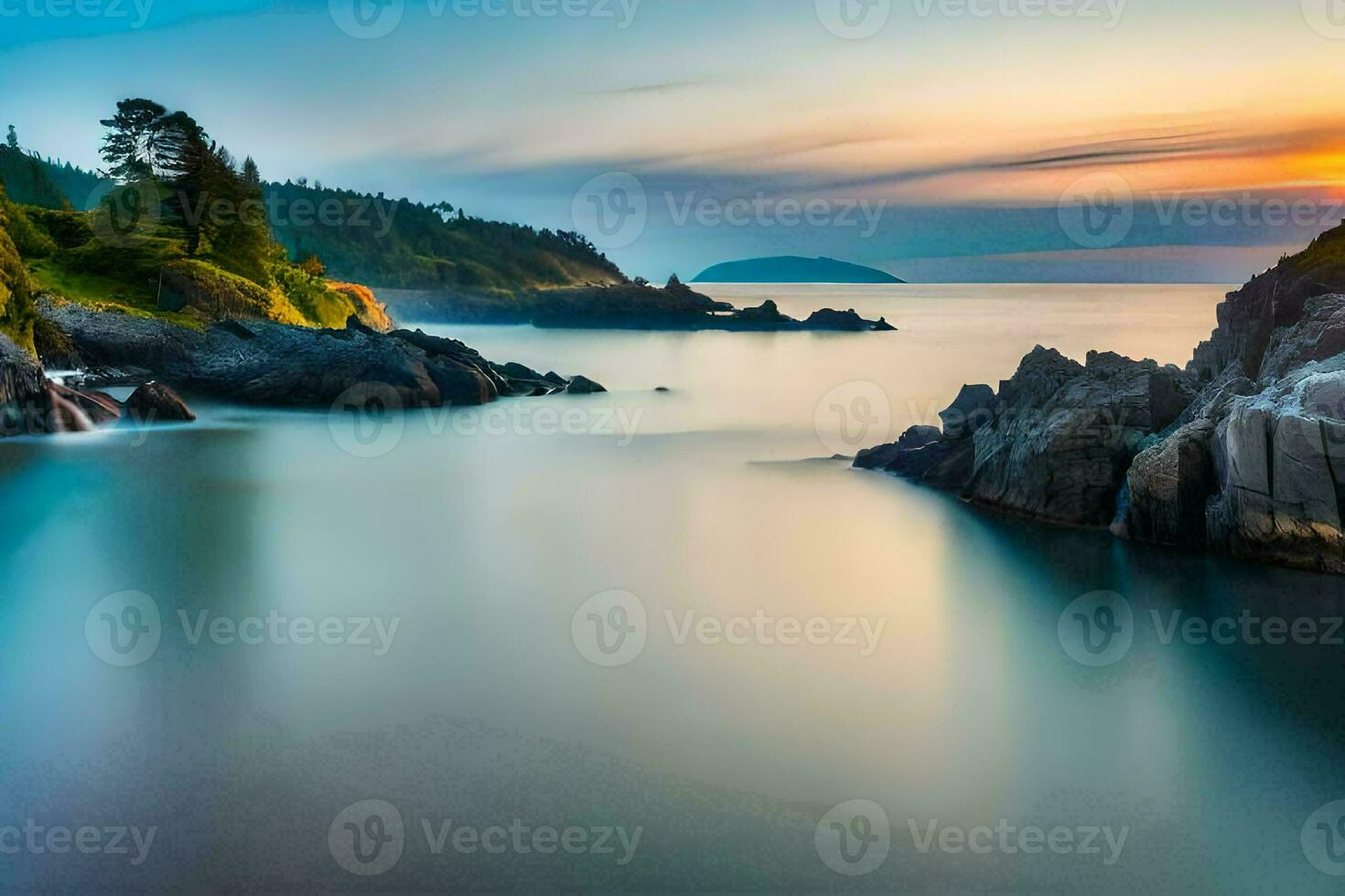 the ocean and rocks are in the foreground at sunset. AI-Generated photo