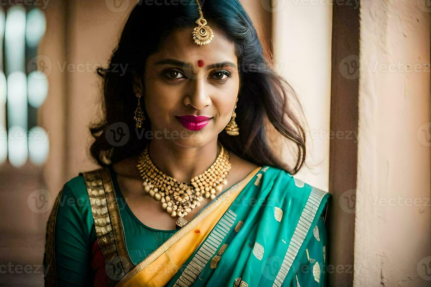 un hermosa indio mujer vistiendo un sari y joyas. generado por ai 31937979  Foto de stock en Vecteezy