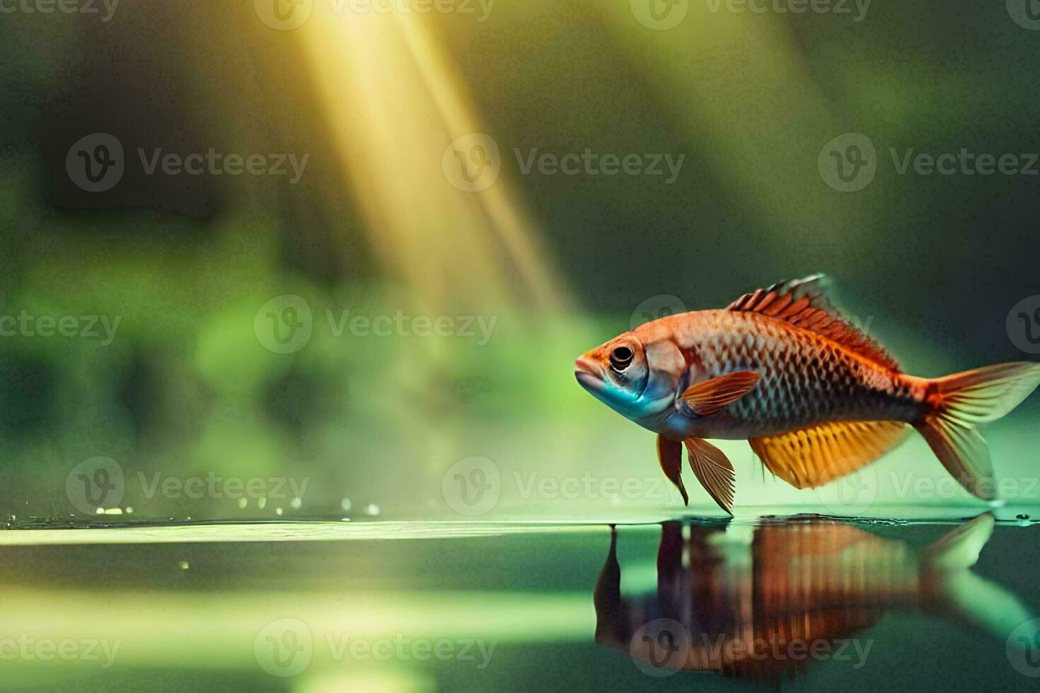 a fish is standing on the water with sunlight shining. AI-Generated photo