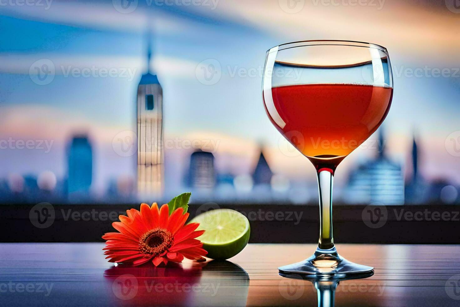 a glass of wine with a view of the city. AI-Generated photo