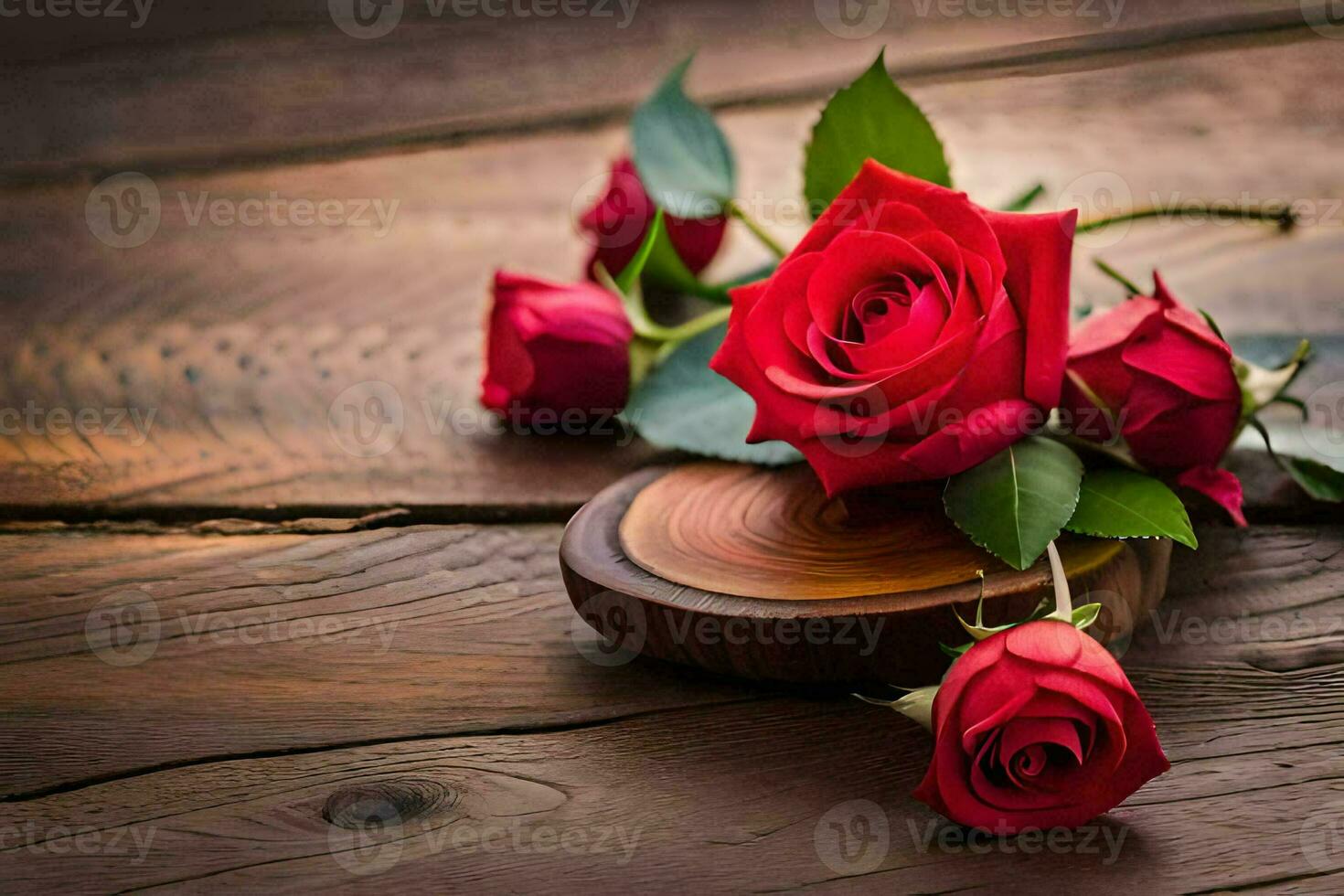 red roses on a wooden table. AI-Generated photo