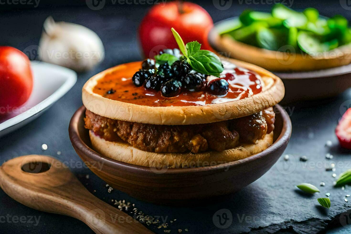 a hamburger with sauce and vegetables on a wooden plate. AI-Generated photo