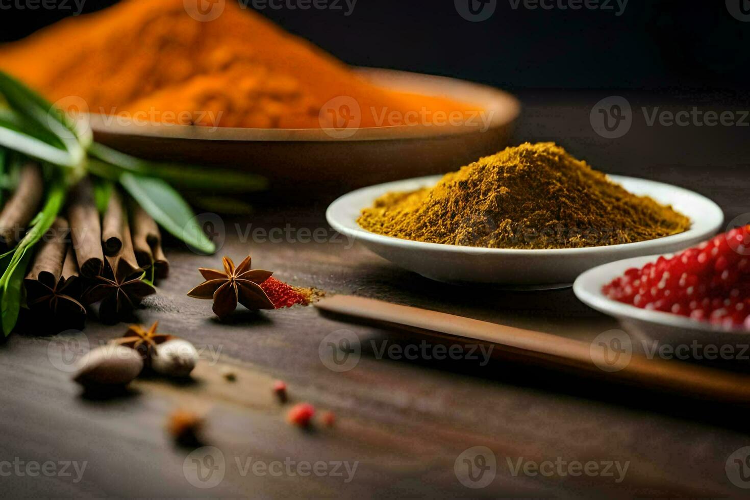 spices and spices on a wooden table. AI-Generated photo