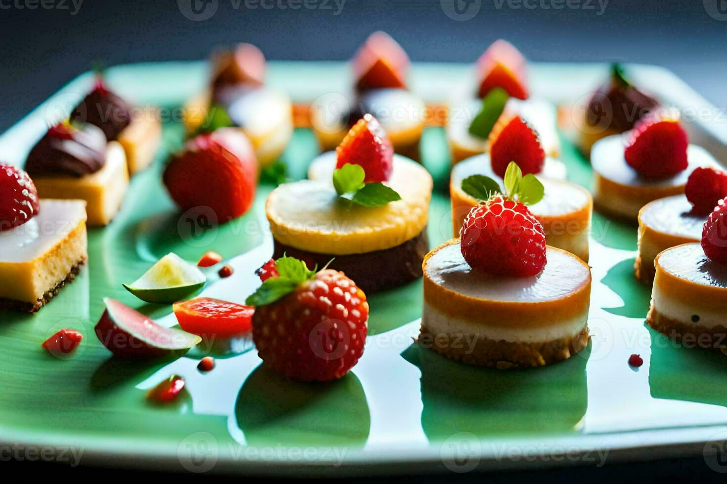 un plato de postres con fresas y otro fruta. generado por ai foto