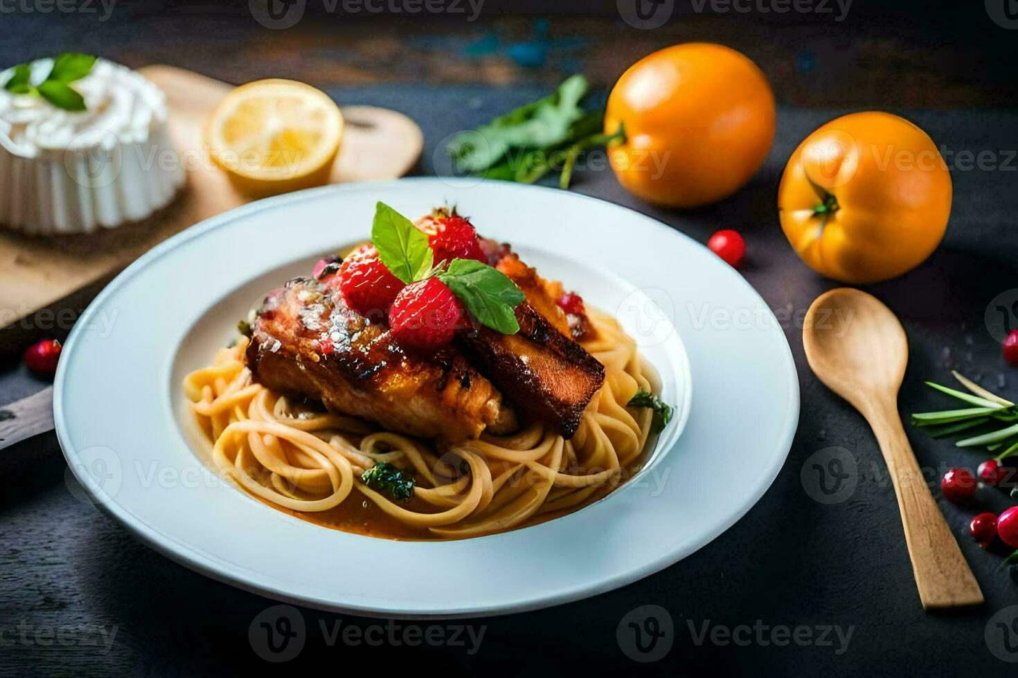 the food is served on a plate with a knife and fork. AI-Generated photo