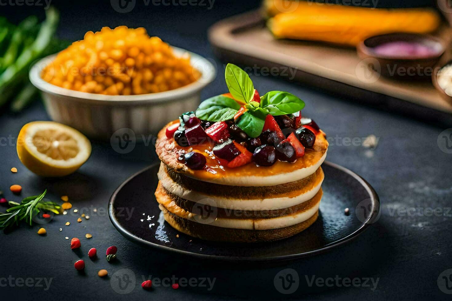 stack of pancakes with berries and corn. AI-Generated photo
