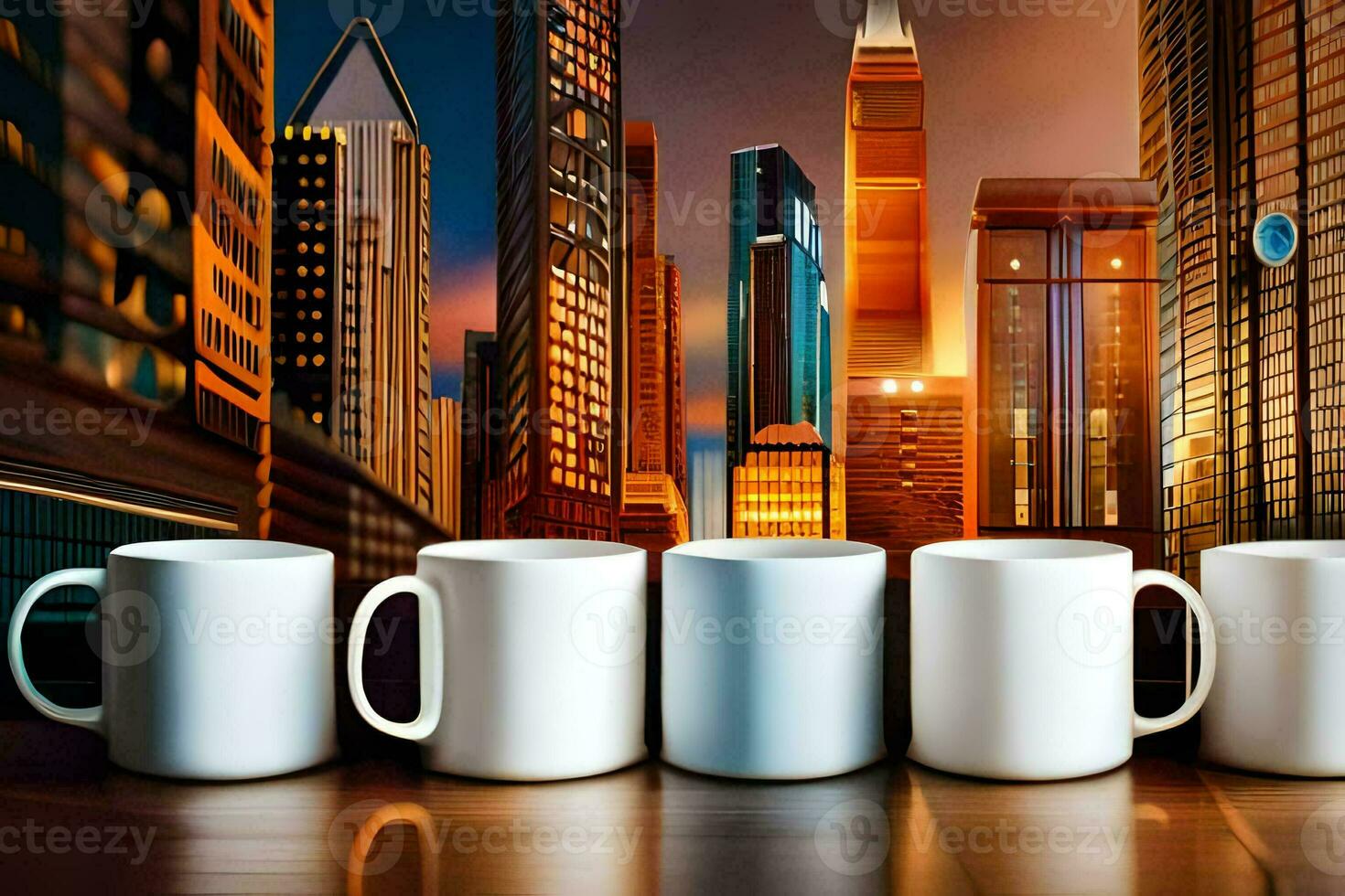 five coffee mugs lined up in front of a city skyline. AI-Generated photo