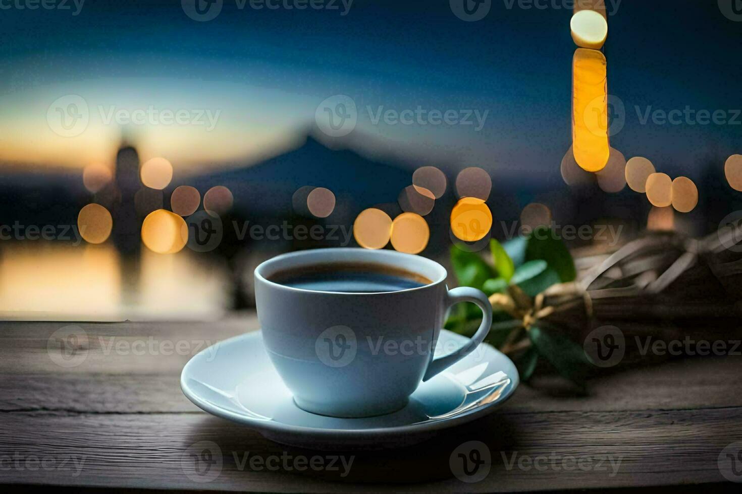 a cup of coffee on a wooden table with a city view. AI-Generated photo