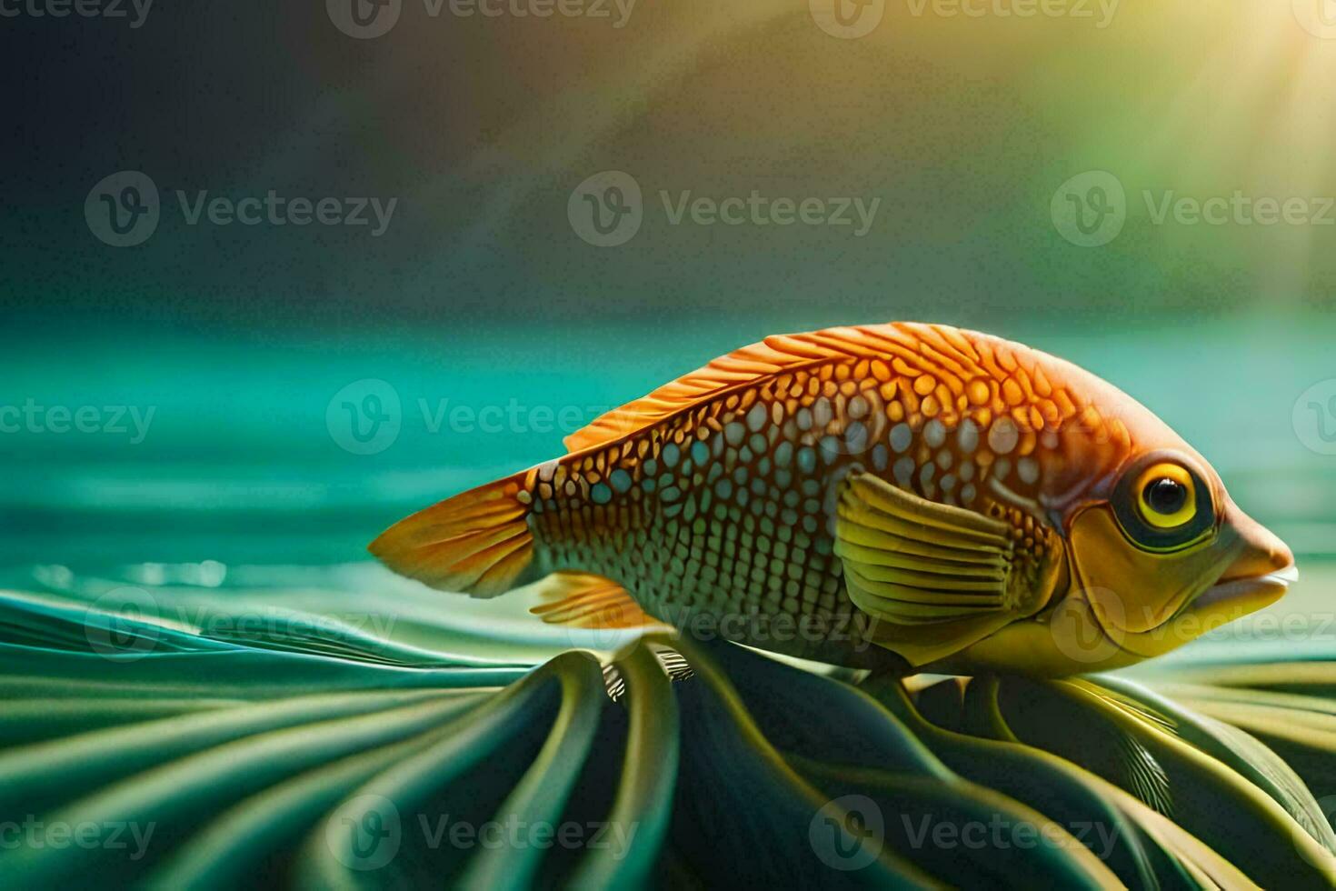 a fish is sitting on top of a leaf. AI-Generated photo