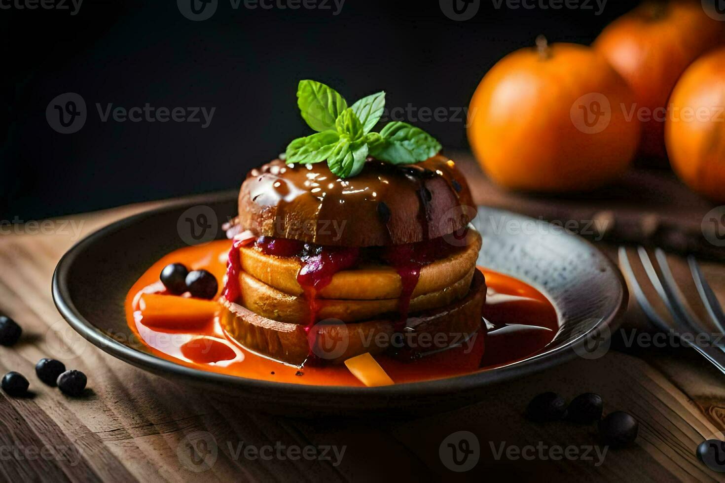 a plate with a stack of pancakes on top of a sauce. AI-Generated photo
