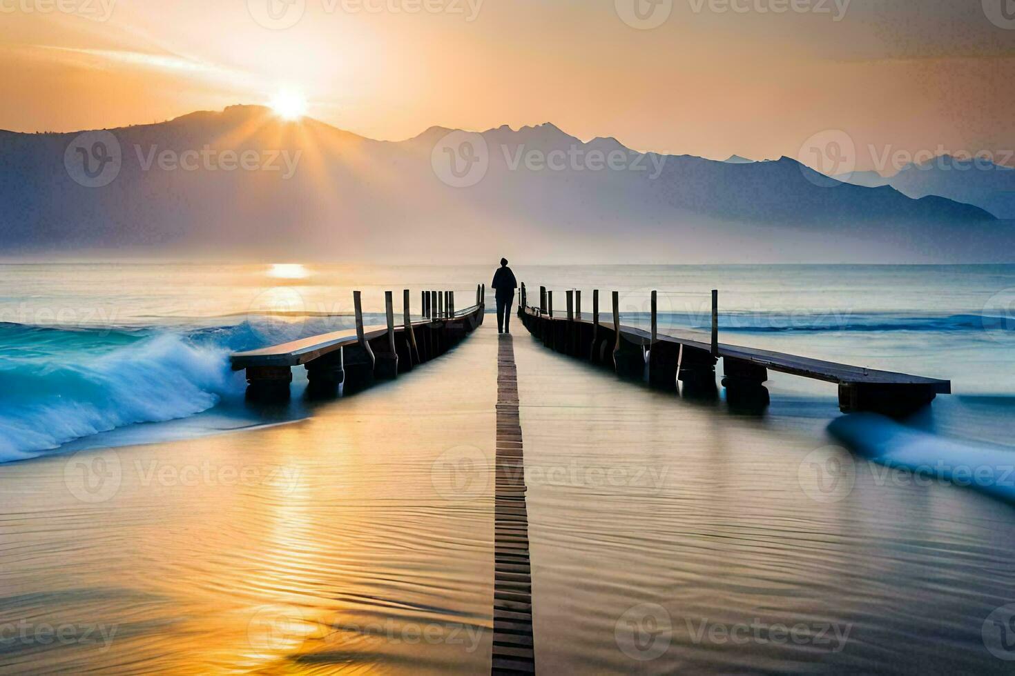 a man stands on a pier looking out over the ocean. AI-Generated photo