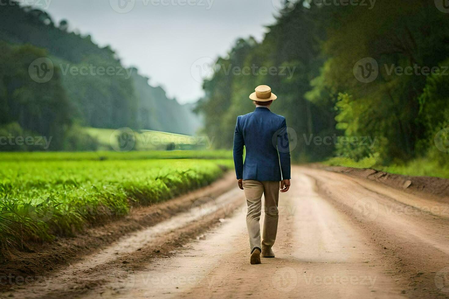 a man in a suit and hat walks down a dirt road. AI-Generated photo