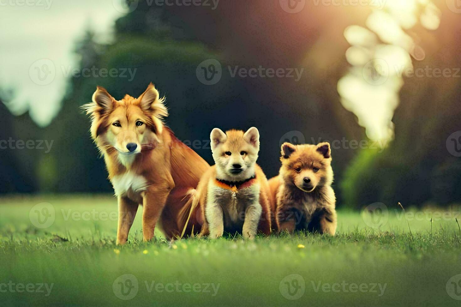 three dogs sitting on the grass in a field. AI-Generated photo