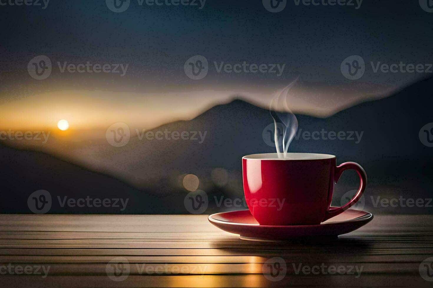 a cup of coffee on a wooden table in the mountains. AI-Generated photo