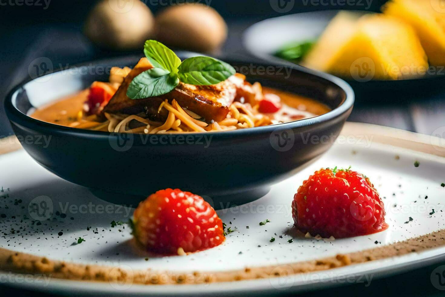 the food is served in a bowl with a plate of strawberries. AI-Generated photo