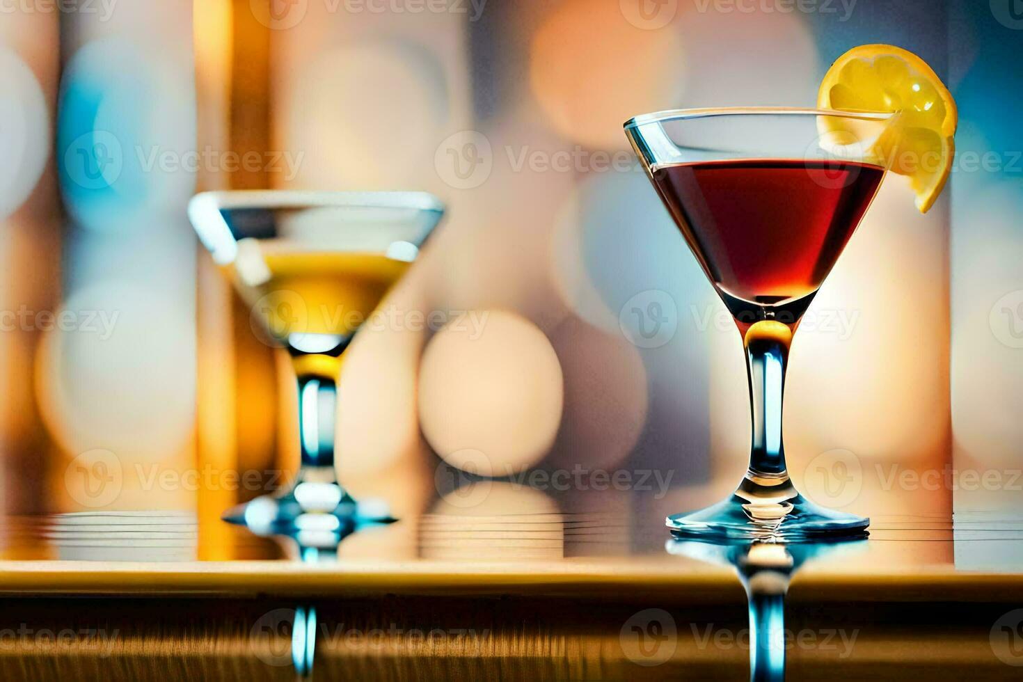 two glasses of alcohol with a lemon slice on the rim. AI-Generated photo