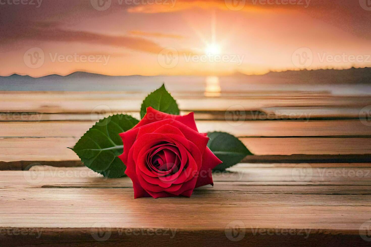 a red rose sits on a wooden table in front of the sunset. AI-Generated photo