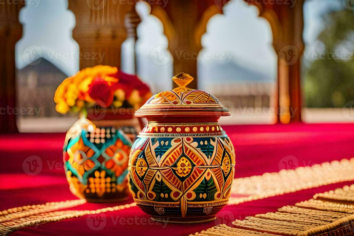 two colorful vases on a red table. AI-Generated photo