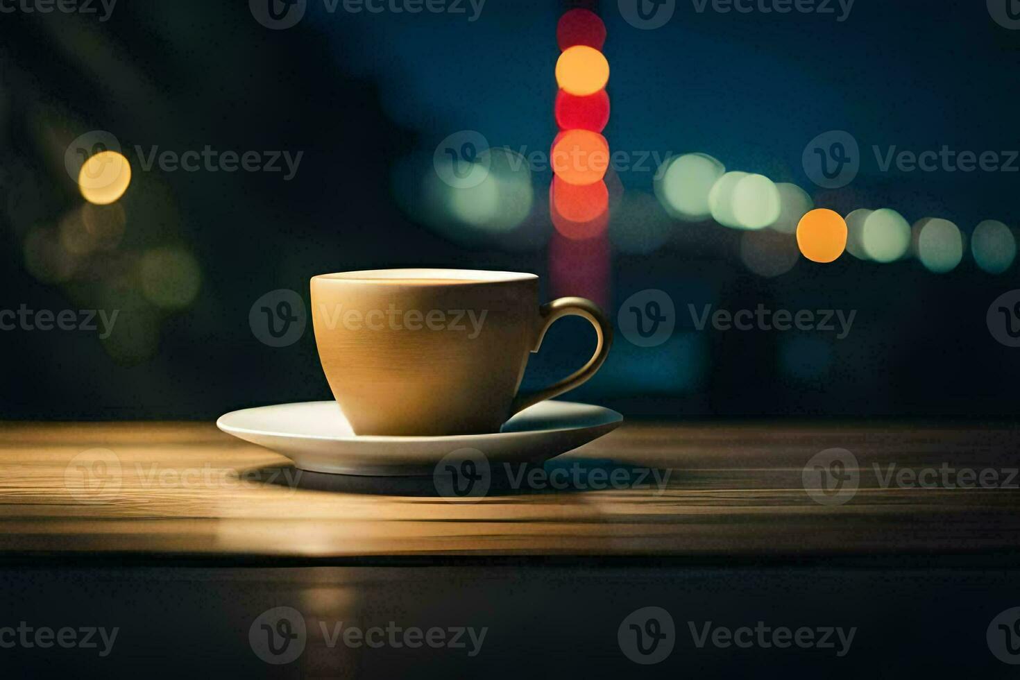 a cup of coffee on a table in front of a city skyline. AI-Generated photo