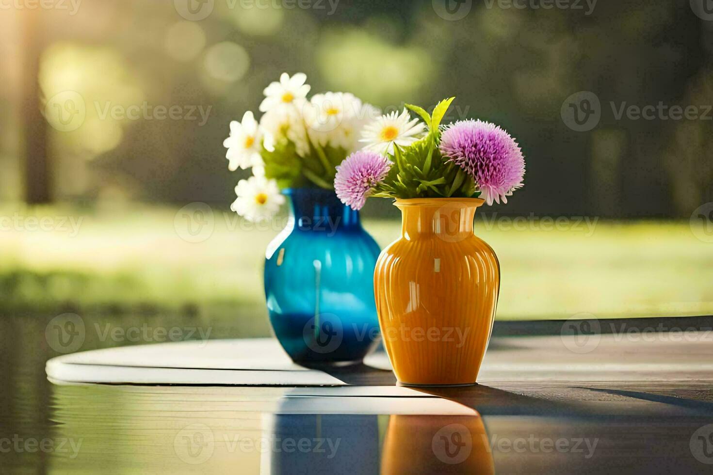 two vases with flowers sitting on a table. AI-Generated photo