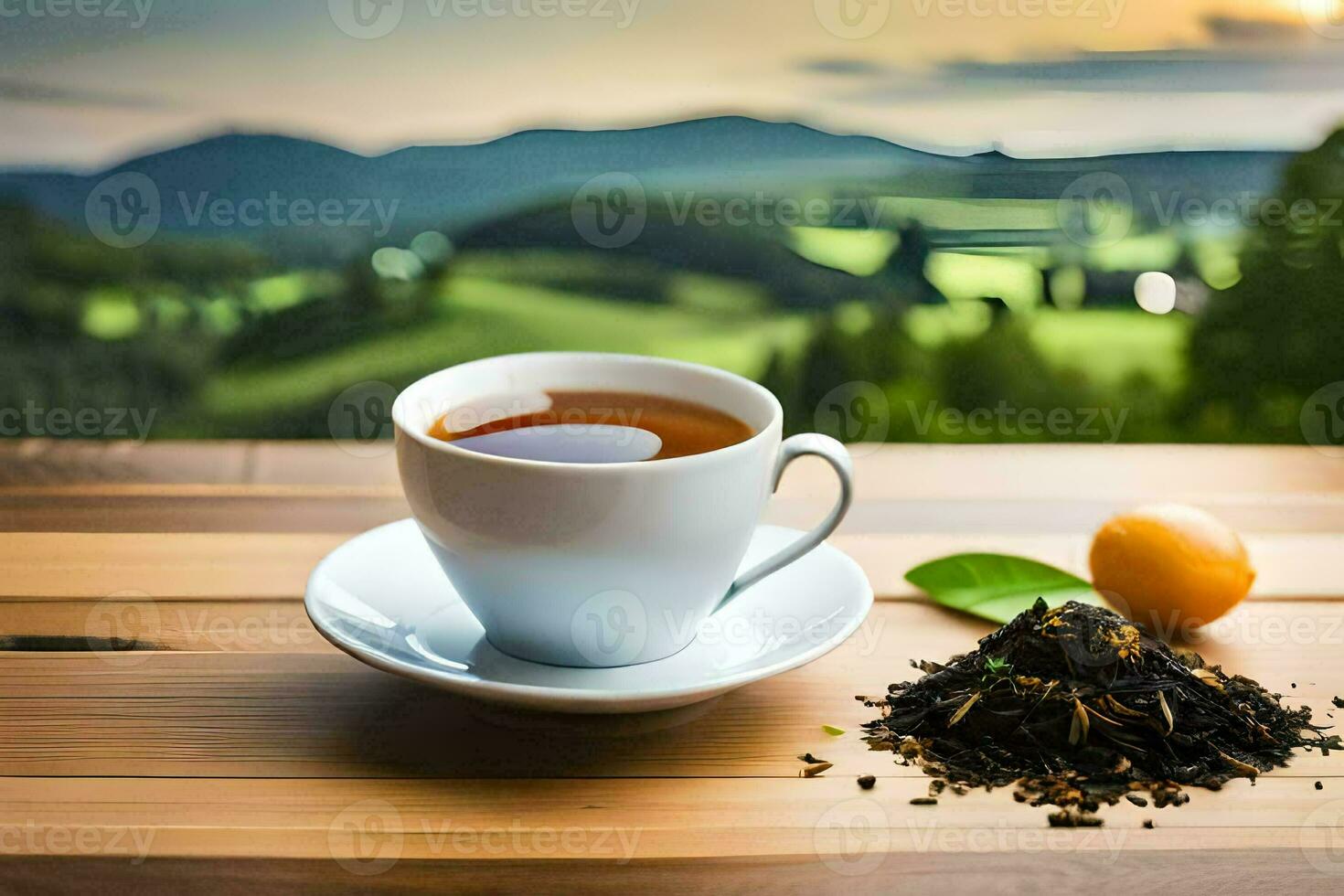 a cup of tea on a wooden table with a view of the mountains. AI-Generated photo