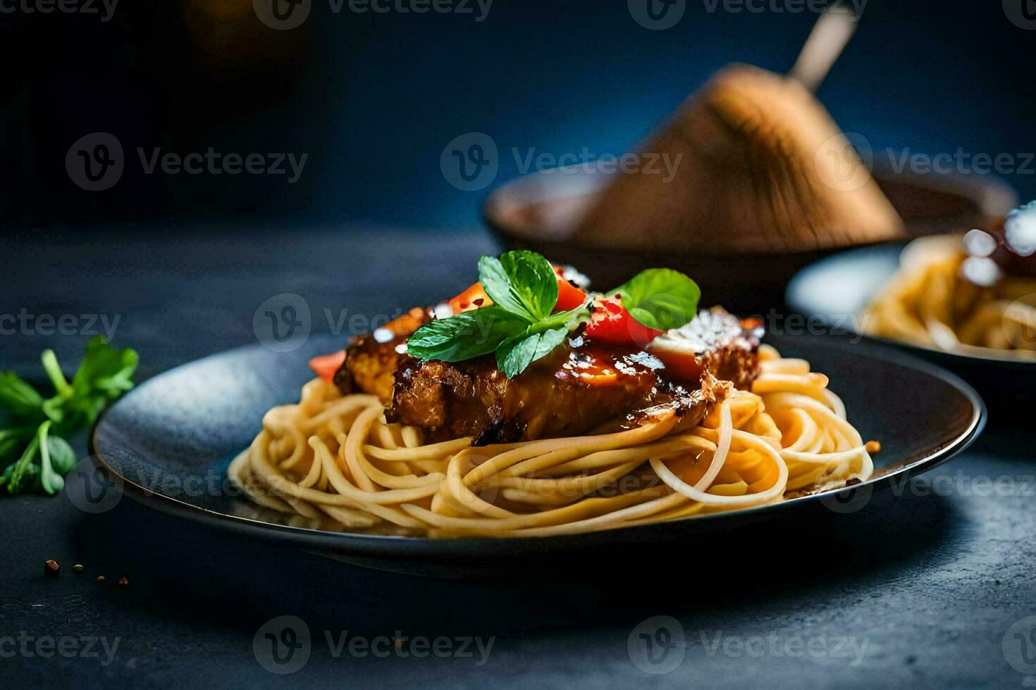 spaghetti with meat and sauce on a black plate. AI-Generated photo