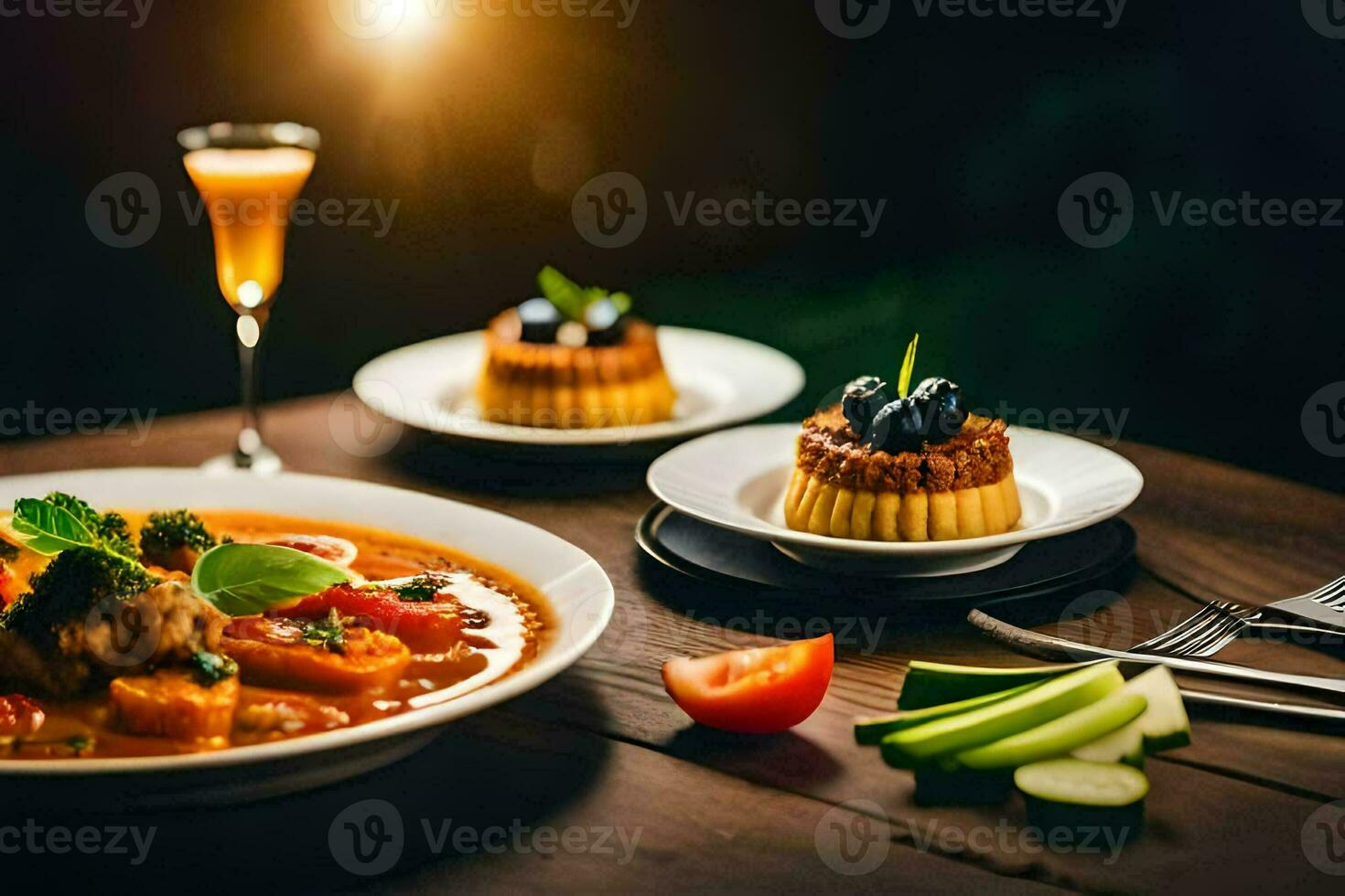 a table with food and drinks on it. AI-Generated photo