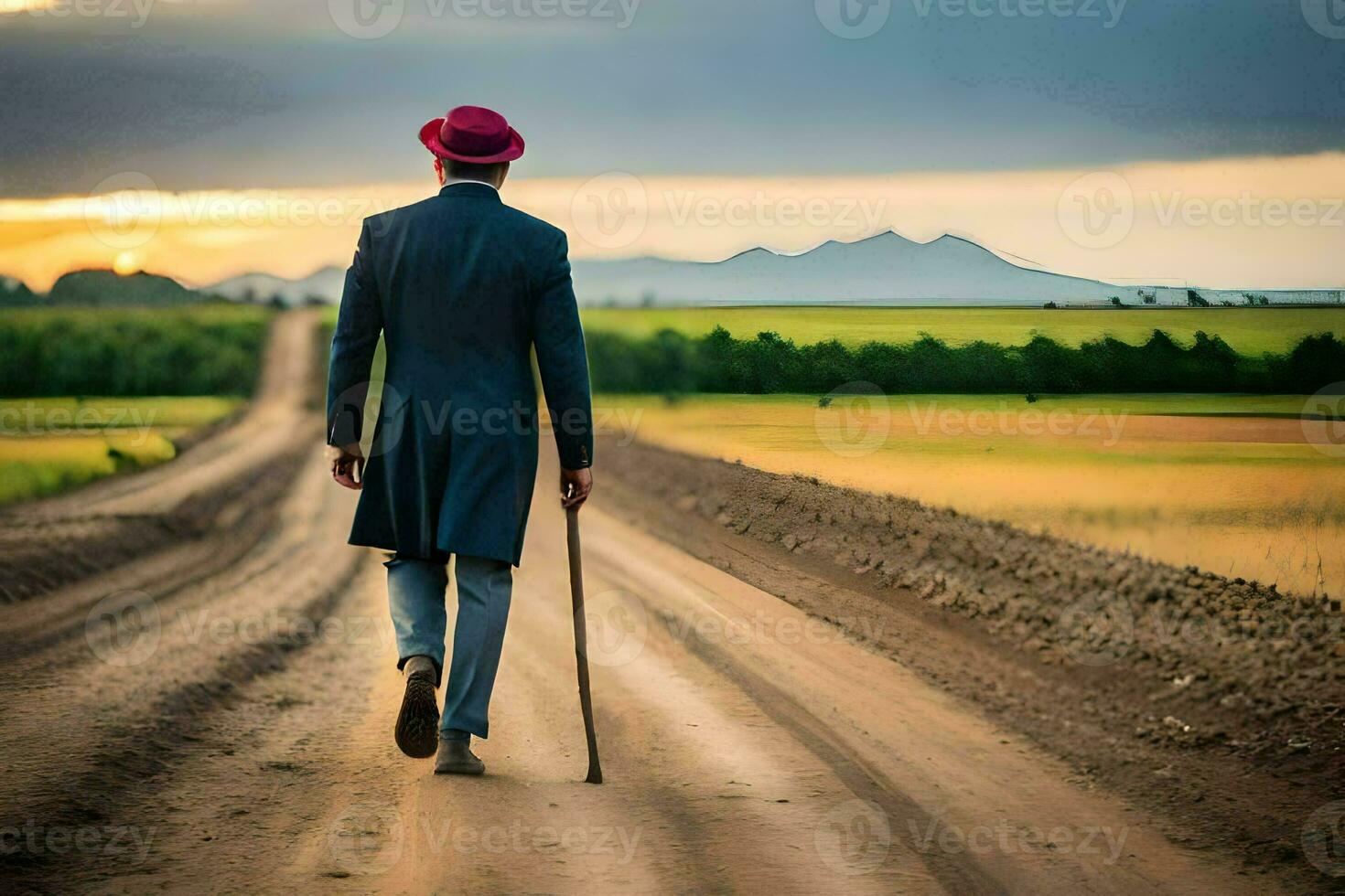 a man in a suit walks down a dirt road. AI-Generated photo