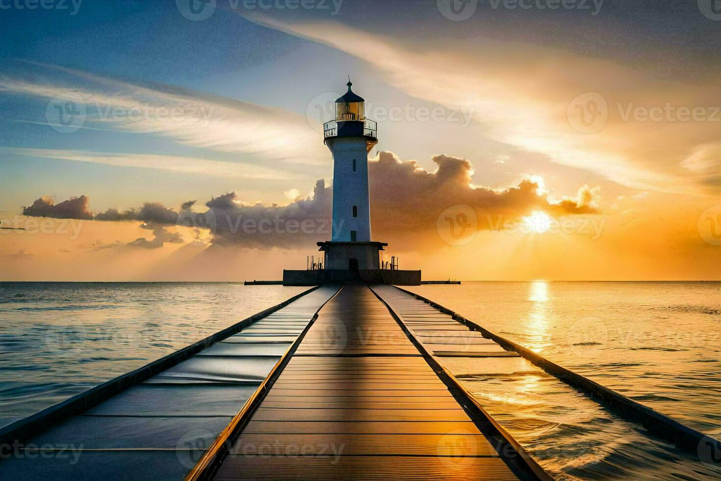 a lighthouse stands on a pier at sunset. AI-Generated photo