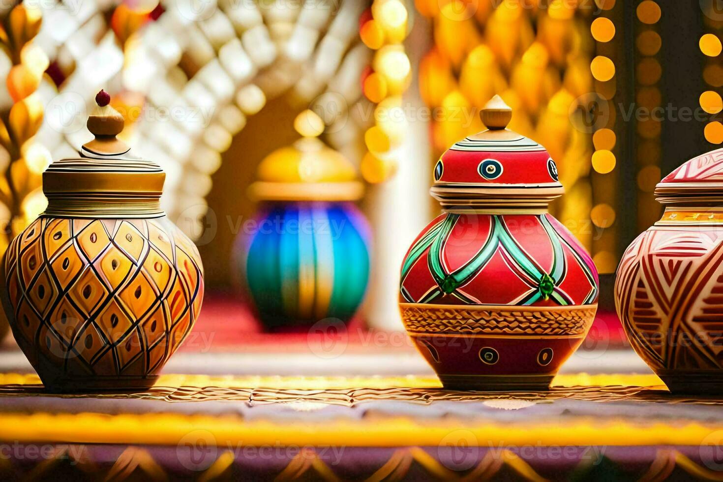 three colorful vases are on a table. AI-Generated photo