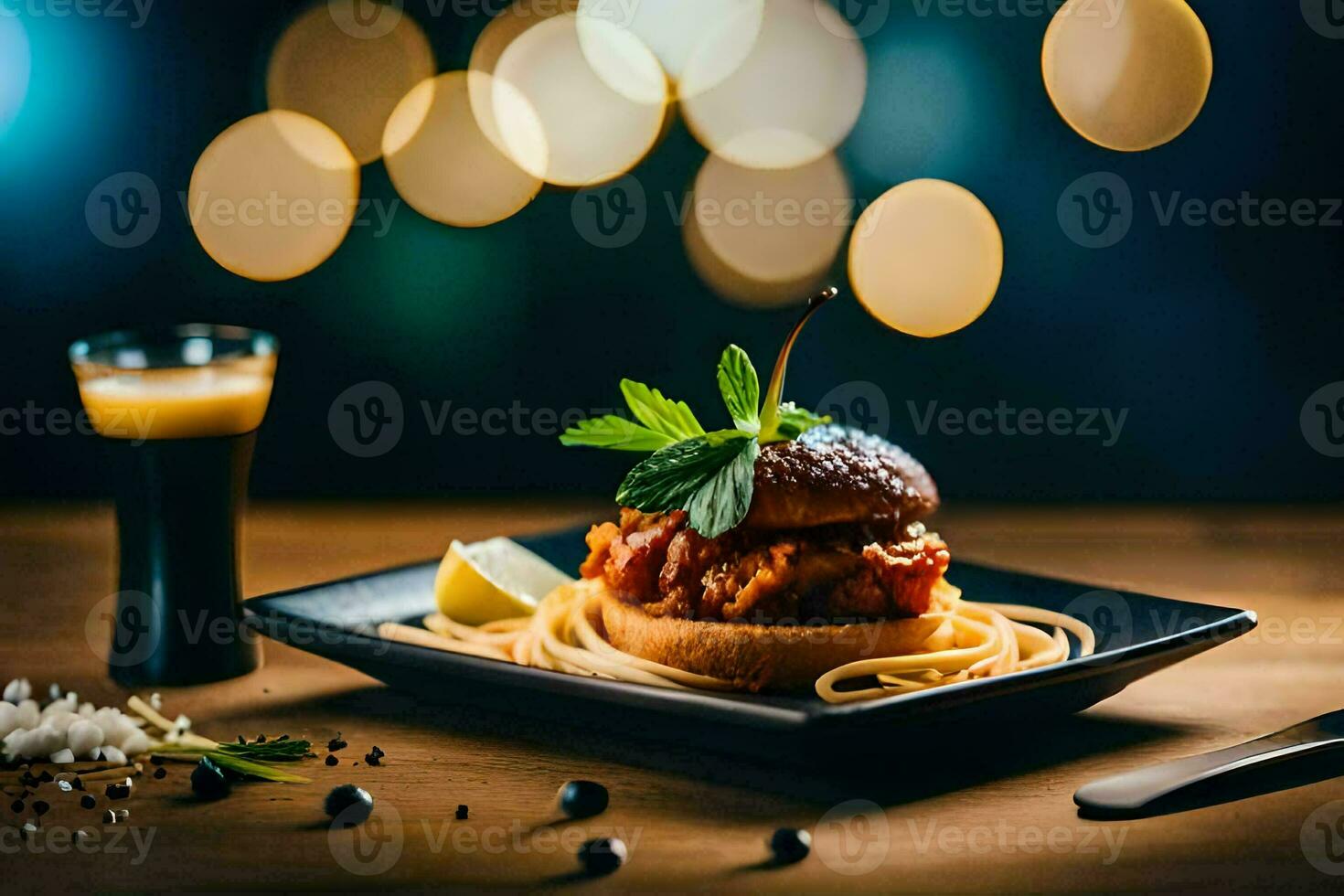 a plate with spaghetti and meat on it. AI-Generated photo