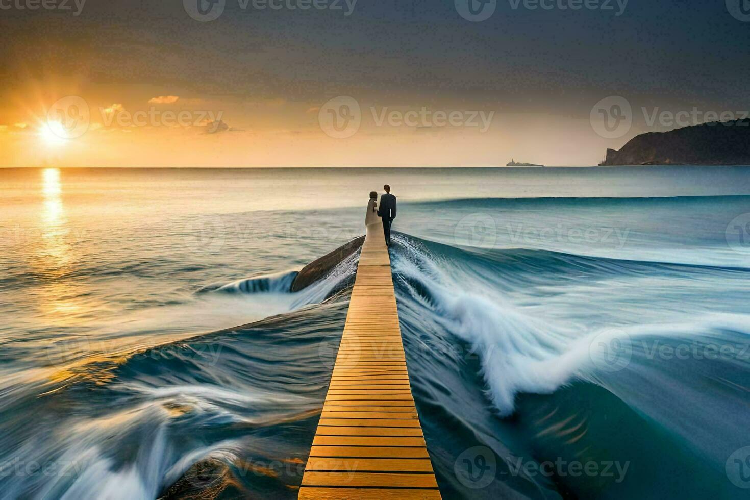a couple standing on a wooden pier in the ocean. AI-Generated photo
