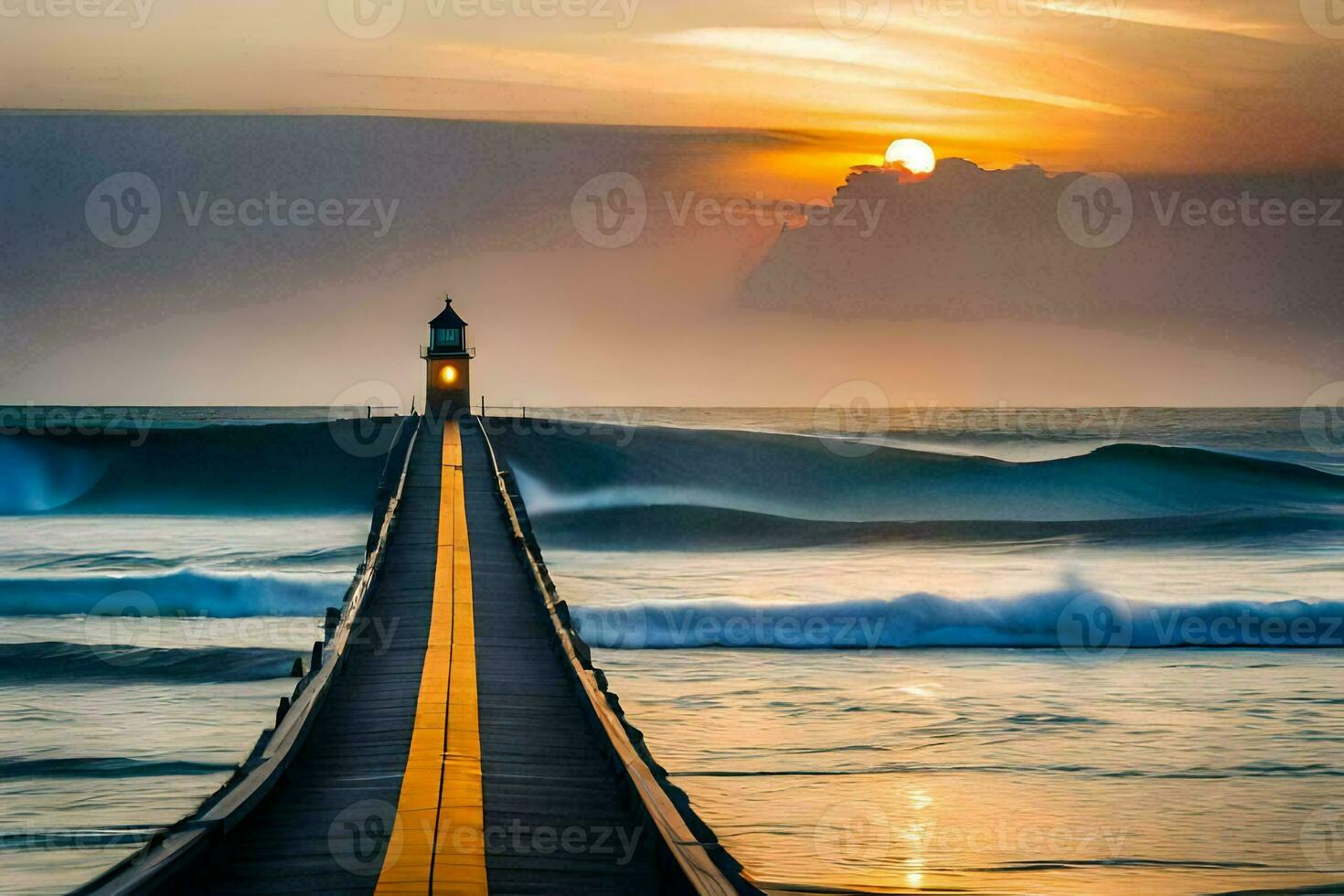 the lighthouse at sunset with a long pier. AI-Generated photo
