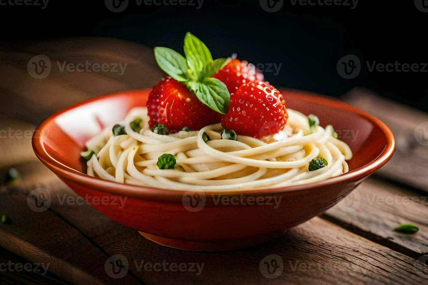 spaghetti with strawberries and basil on a wooden table. AI-Generated photo